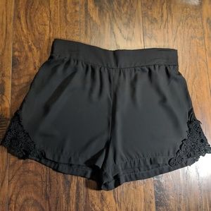 Black Flowy Chiffon Shorts With Lace Detailing